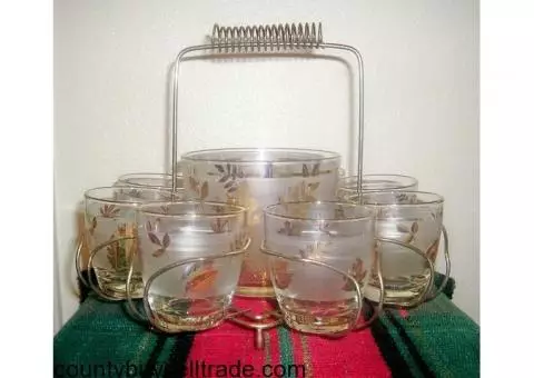 Madmen ERA Bar Glass Set & Brass Tray-Libbey Glass Co-Gold Autumn Leaf - $45 (Denison, TX)
